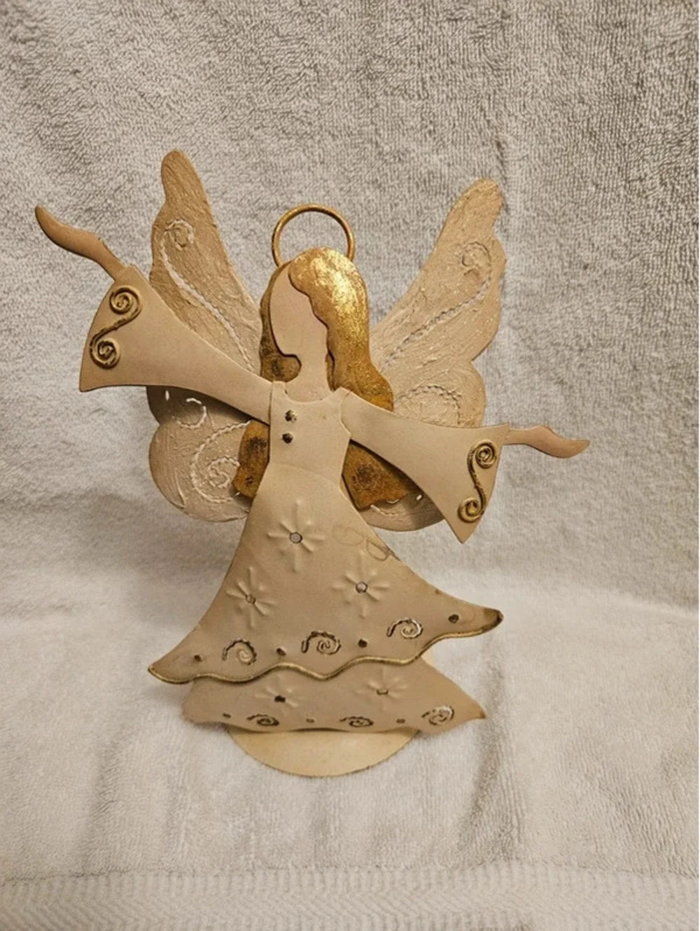 Vintage Metal Angel Tealight Candle Holder Christmas Decor Gold Cream 9x6